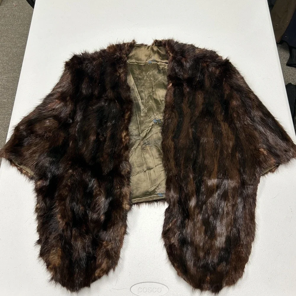 Unbranded Real Fur Stole Wrap Womens One Size Brown Vintage Floral Lined C2
